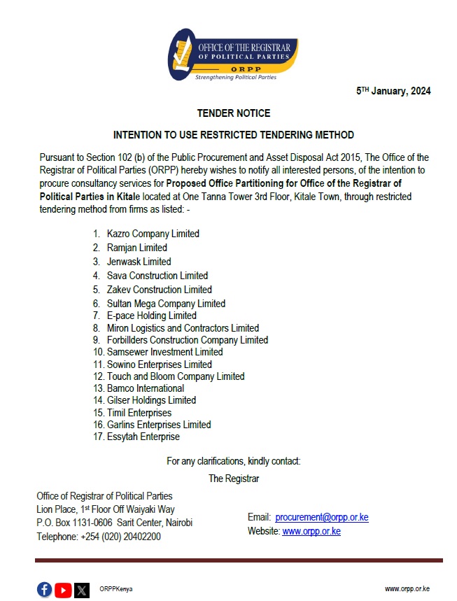 Tender Notice - 5th January, 2024: Intention to use Restricted Tendering Method