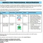 Notice for provisional registration