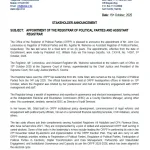 Stakeholder Announcement: Appointment of the Registrar of Political Parties and Assistant Registrar