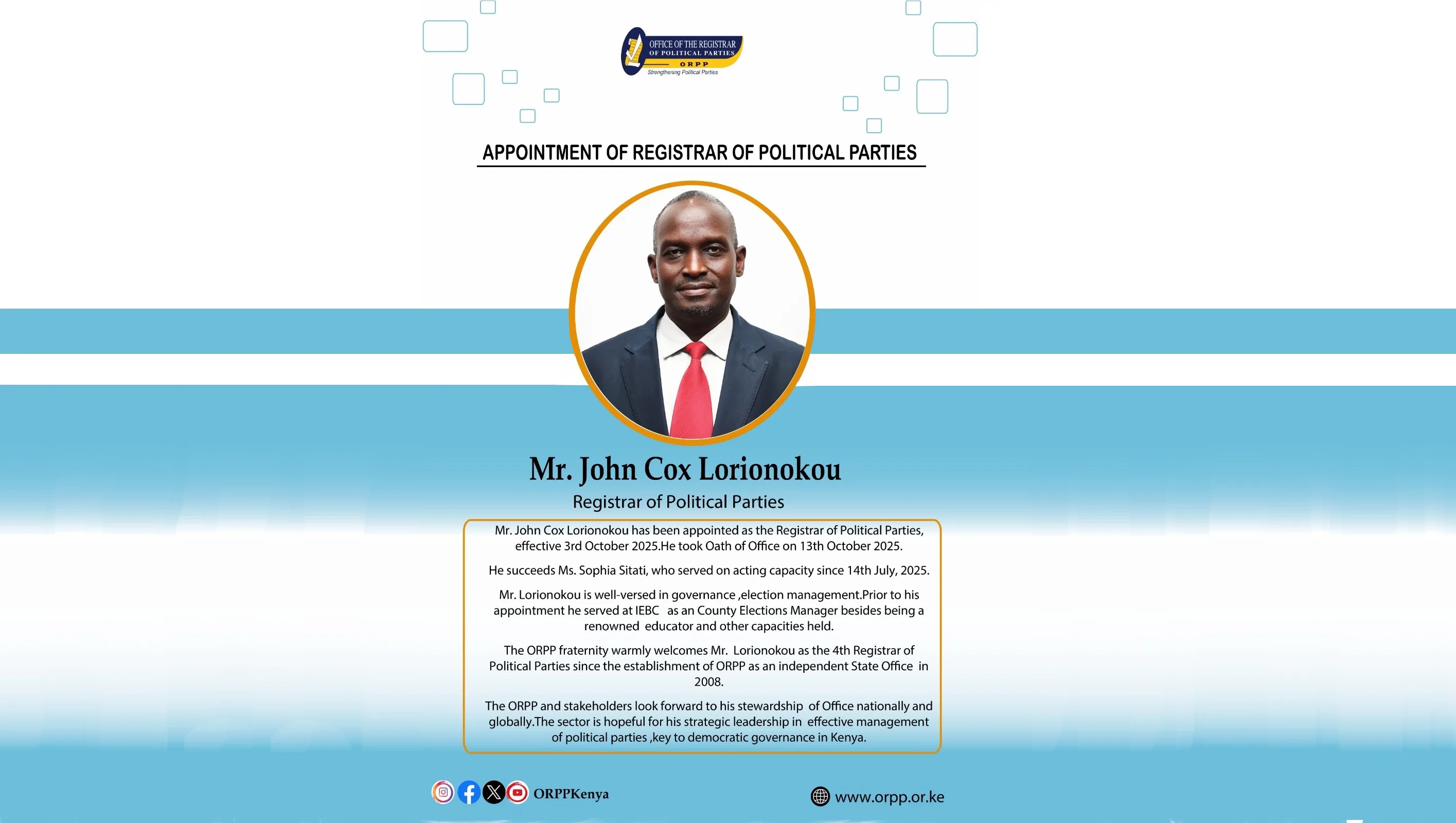 Appointment of Registrar of Political Parties