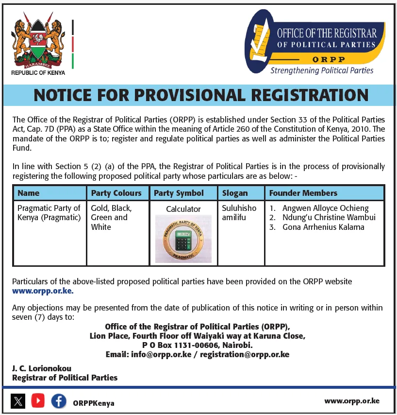 Screenshot 2026-08-11 093722 Notice for provisional registration - Pragmatic Party of Kenya