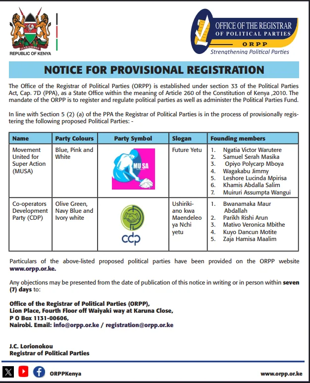 notice Notice for provisional registration - MUSA, CDP